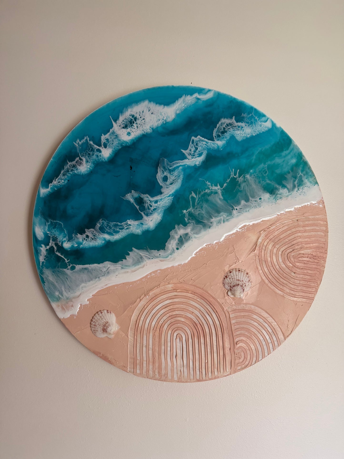 Seafoam Serenity – Original Resin Artwork  
50cm Round | Mixed Media on Board